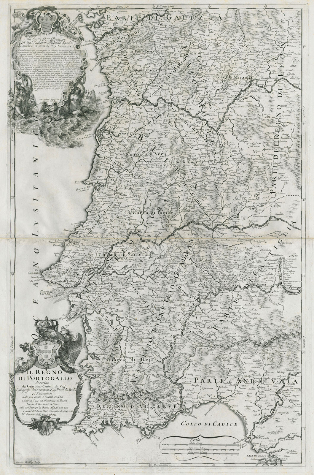 Il Regno di Portogallo. Kingdom of Portugal. DE ROSSI / CANTELLI 1692 old map